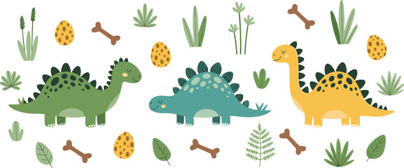 Fototapeta premium Cute Dinosaur Set Featuring Stegosaurus and Fossils with Plants and Bones for Kids’ Nature and Prehistoric Illustrations