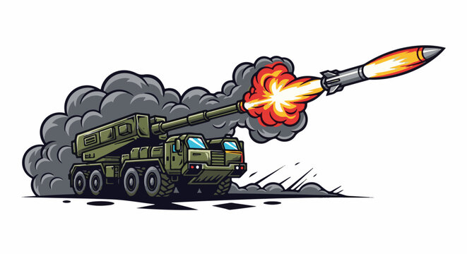 A military vehicle launches a missile with a fiery exhaust