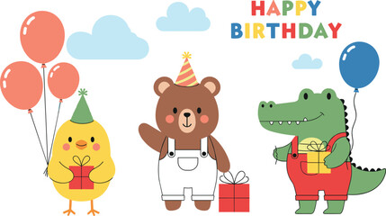Fototapeta premium Cute Birthday Animal Set Featuring Chick, Bear, and Crocodile with Balloons, Gifts, and Party Hats for Kids' Celebrations