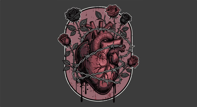 Anatomical heart intertwined with barbed wire and dark roses