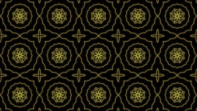 Loop animation of Seamless batik floral Pattern Animation green on black Background. Perfect for background visuals, motion graphics, branding, textiles, wallpapers, and digital design projects. 
