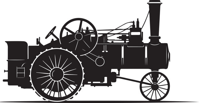 Vintage steam tractor, antique farm equipment, black silhouette, industrial machine, vector illustration