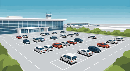 An illustrated airport terminal with a full parking lot and control tower © Sumon