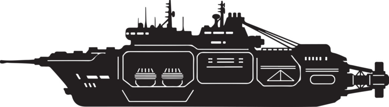 Military warship, futuristic battleship, black vector silhouette, naval vessel, modern destroyer