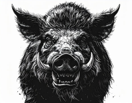 Fierce Wild Boar Head Portrait Sketch.