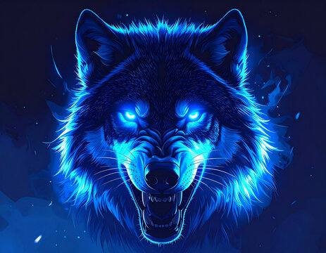 Fierce wolf head with glowing blue fire energy.