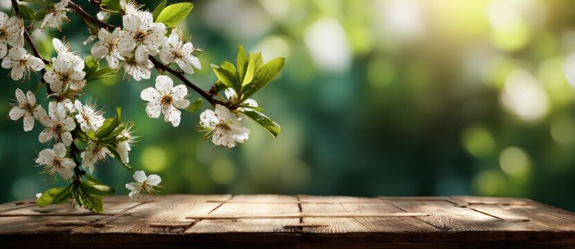 Springtime scene featuring a wooden table amidst blooming trees and lush greenery, capturing the vibrant colors and fresh atmosphere of a spring garden setting