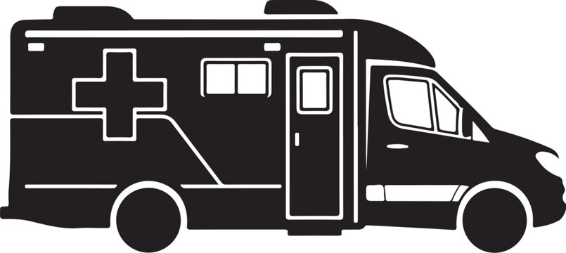 Black ambulance vector icon, emergency medical vehicle, paramedic transport, silhouette illustration