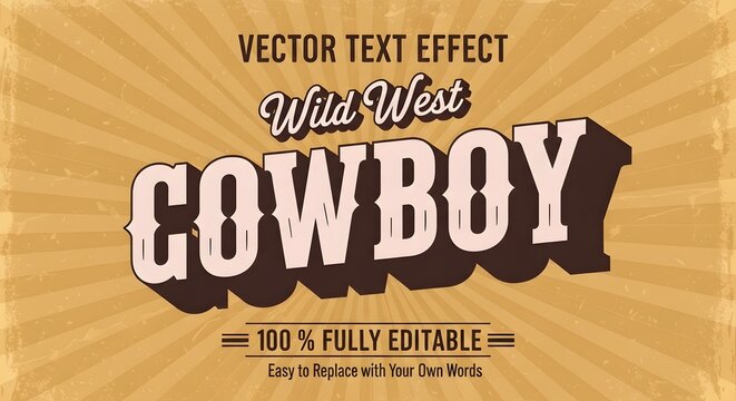 Wild west cowboy vector text effect with retro sunburst background
