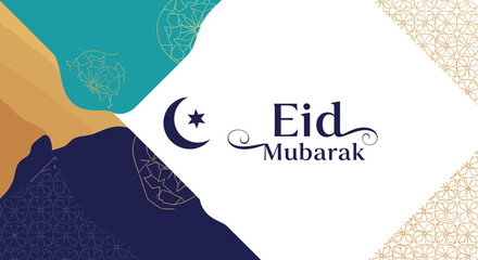 Elegant Eid Mubarak greeting card design with crescent moon and star on a patterned background. © Ngelus