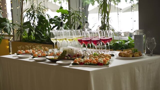 Catering in the banquet hall. Table set with vegetable, fish, and cheese appetizers and glasses of wine and champagne at wedding reception.