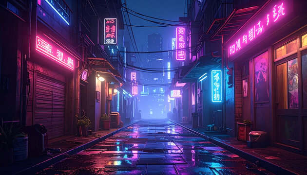 Futuristic cyberpunk city street at night with neon lights.