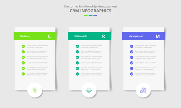 CRM customer relationship management for infographic with drop shadow style with vertical box with checklist and circle badge bottom with 3 point list information