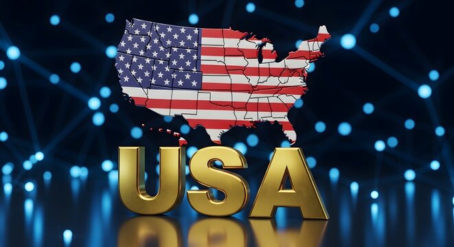 Usa text with a 3d map of the united states filled with the american flag pattern on a digital background