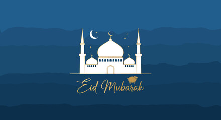 A beautiful Eid Mubarak greeting card featuring a mosque under a crescent moon and stars. © Ngelus