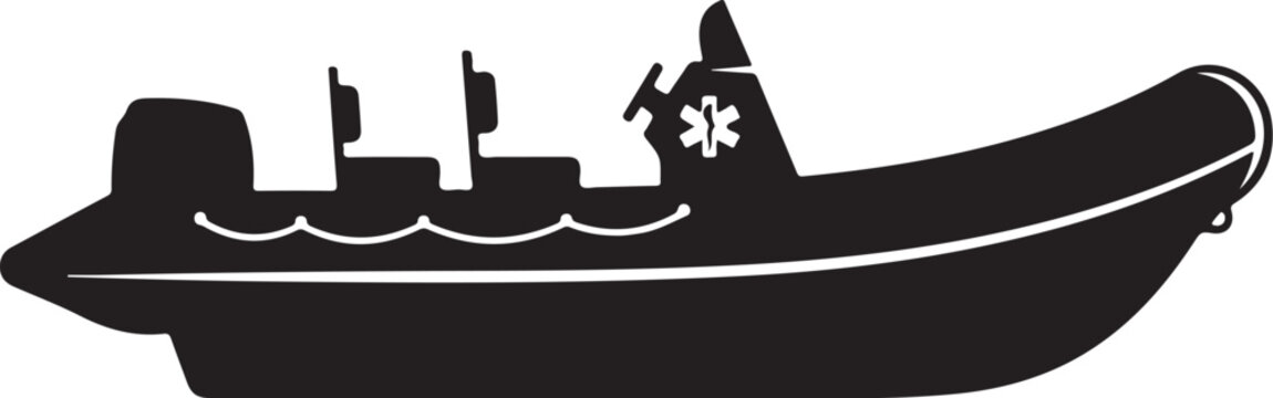 Black boat icon, rescue vessel silhouette, navy ship, emergency response