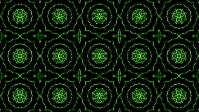 Seamless batik floral Pattern Animation green on black Background Loop. Perfect for background visuals, motion graphics, branding, textiles, wallpapers, and digital design projects. 