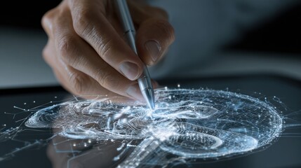 Obraz premium Hand drawing on a digital tablet with a pen, creating holographic interface with glowing circular effects