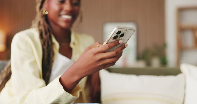 Laugh, scroll and black woman in house with phone, online communication and comic post on social media. Happy, digital and person on sofa with tech, funny text message or meme reaction on chat app.
