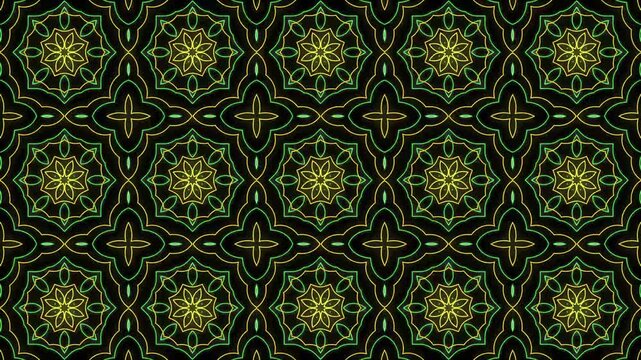 Seamless Geometric mandala Pattern Animation green yellow on black Background Loop. Perfect for background visuals, motion graphics, branding, textiles, wallpapers, and digital design projects. 