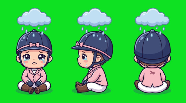 Sad Cartoon Equestrian Character with Rain