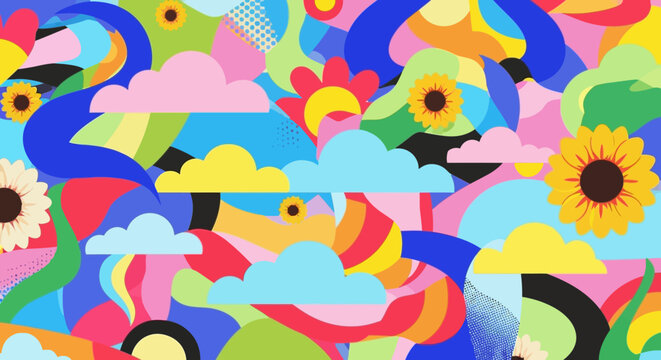Abstract Colorful Psychedelic Pattern with Sunflowers and Clouds