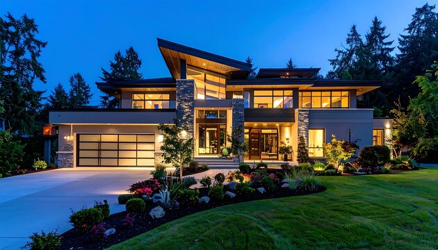Modern luxury residence exterior night
