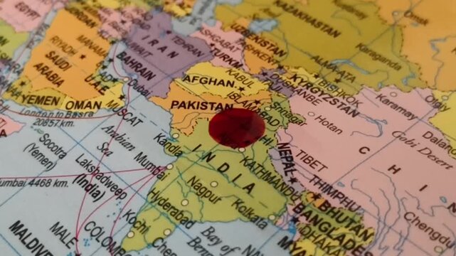Blood drop fall on india and pakistan country map border. territorial disputes, kashmir tensions, geopolitical instability, regional conflict, terrorist attack and war casualties concept.