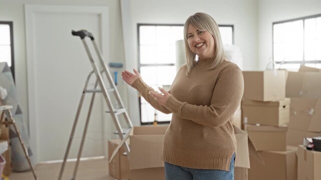 Woman smiling and gesturing with hands beside open cardboard boxes and a ladder in a bright interior building with moving supplies; fresh start contentment.
