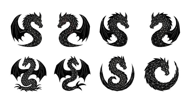 Set of Hand Drawn Dragon Silhouettes in Grunge Style