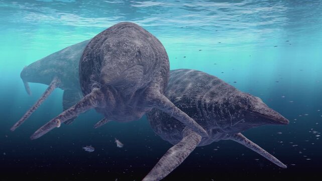 Realistic 3D CGI animation capturing a pod of two massive Shastasaurus ichthyosaurs, the largest marine reptiles of the Triassic period, swimming together through deep