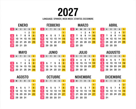 Spanish calendar for the year 2027 in colorful layout