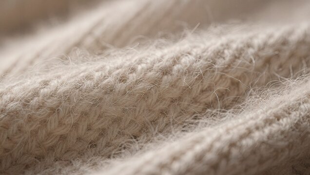 Macro Texture of Soft Beige Knitted Wool Fabric with Fuzzy Cashmere Fibers