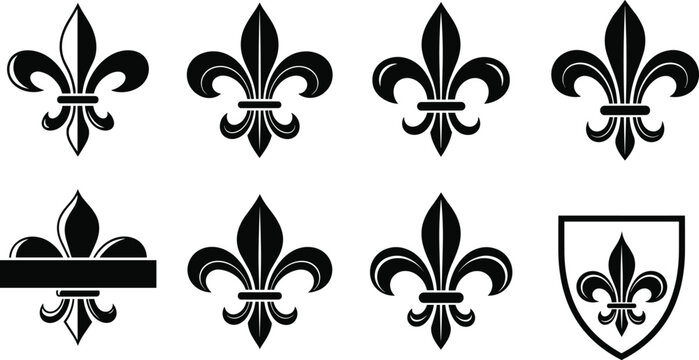 Elegant Collection of Fleur De Lis Symbols Featuring Various Decorative Lily Floral Ornaments Heraldic Royal Emblems Shield Silhouette and Split Monogram Designs for Graphic Projects