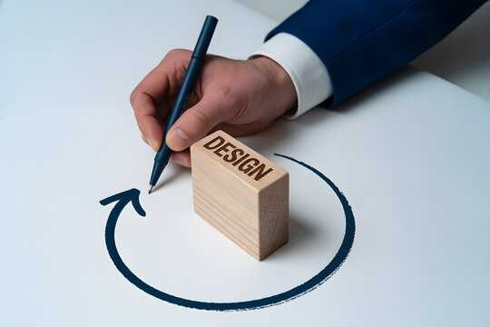 A person draws a circular arrow around a design block representing an iterative and continuous creative process