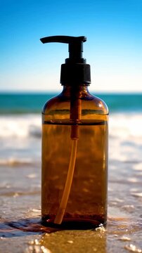 Skincare product on beach with ocean background