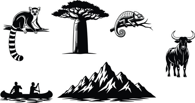 Vector collection of minimalist black and white Madagascar icons featuring a lemur baobab tree chameleon zebu bull mountain range and people in a canoe isolated