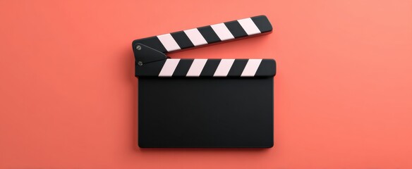 Fototapeta premium Cinematic projects come alive with a nostalgic retro film clapperboard against a coral backdrop.