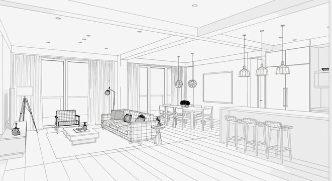 Modern open-plan living room and kitchen interior design concept as a detailed wireframe blueprint rendering