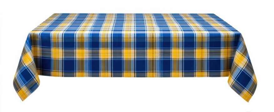 Blue and yellow plaid tablecloth perfect for dining and picnic decoration on white background