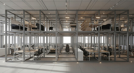 Naklejka premium Modern Open Plan Office Interior With Glass Partitions And Workstations