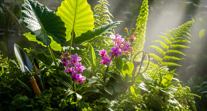 Gardening tools resting among lush tropical plants and orchids. Trowel and shears in a misty greenhouse garden. Horticulture concept, ideal for landscaping and home gardening marketing.