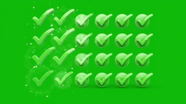 Animated rows of three dimensional green checkmarks appearing and shimmering against a bright chroma key green motion background footage