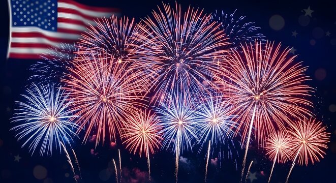 Spectacular fourth of july fireworks display against the american flag