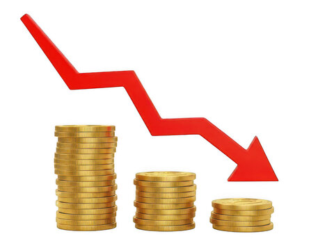 Red arrow showing a downward trend with stacks of gold coins isolated png