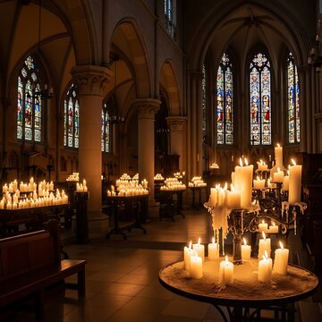 Candles lit in a church nave with stained glass windows.