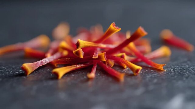 Pile of red and orange saffron threads, dried spice stigmas, culinary ingredient, aromatic seasoning, natural food colorant