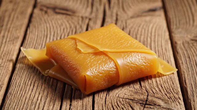 Square shaped golden caramel candy, smooth texture, wrapped in edible paper, resting on weathered wooden planks