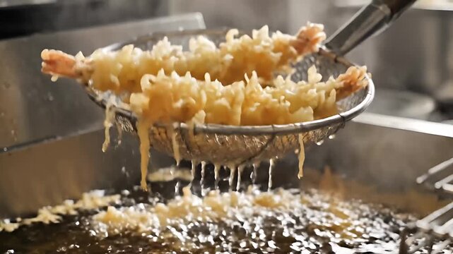 Crispy tempura shrimp deep frying in hot oil with a strainer