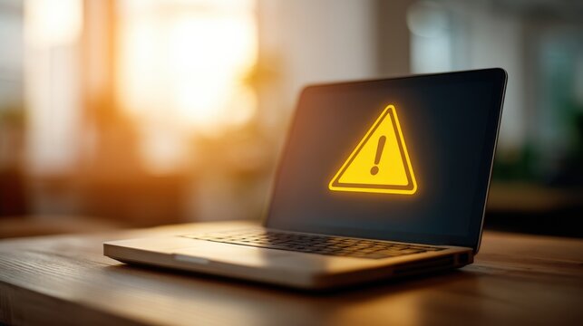 A laptop displaying a yellow warning triangle, representing security issues, data breaches, and computer errors